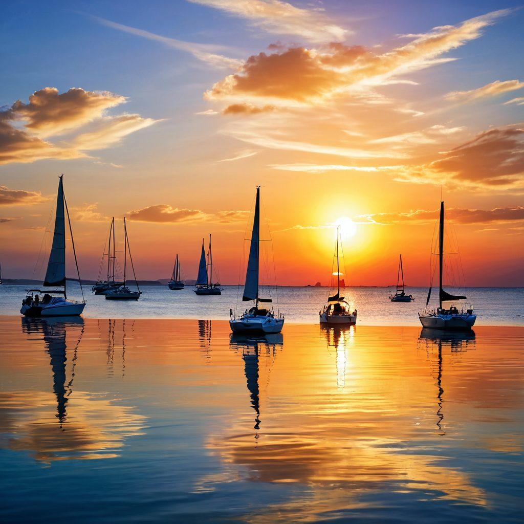A serene scene depicting various watercraft including sailboats, yachts, and jet skis on tranquil blue waters, with a sun setting in the background. Include an abstract representation of an insurance policy floating above the water, symbolizing security and protection. Vibrant colors to reflect a peaceful yet adventurous atmosphere. super-realistic. vibrant colors. sunset backdrop.