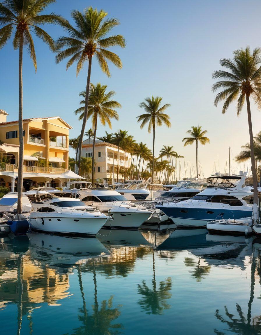 A picturesque marina scene showing a variety of boats including luxurious yachts and practical fishing boats docked side by side. The sun is shining brightly, creating reflections on the water while a tranquil setting of palm trees and blue skies enhances the atmosphere. A subtle overlay of insurance documents and marine gear suggests the theme of coverage while tying the scene together. super-realistic. vibrant colors. tranquil background.